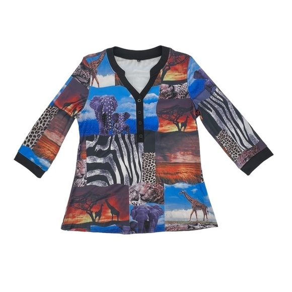 Multi Colored Safari Print 3/4 Sleeve V-Neck Blouse Size Medium Women’s - Picture 1 of 5
